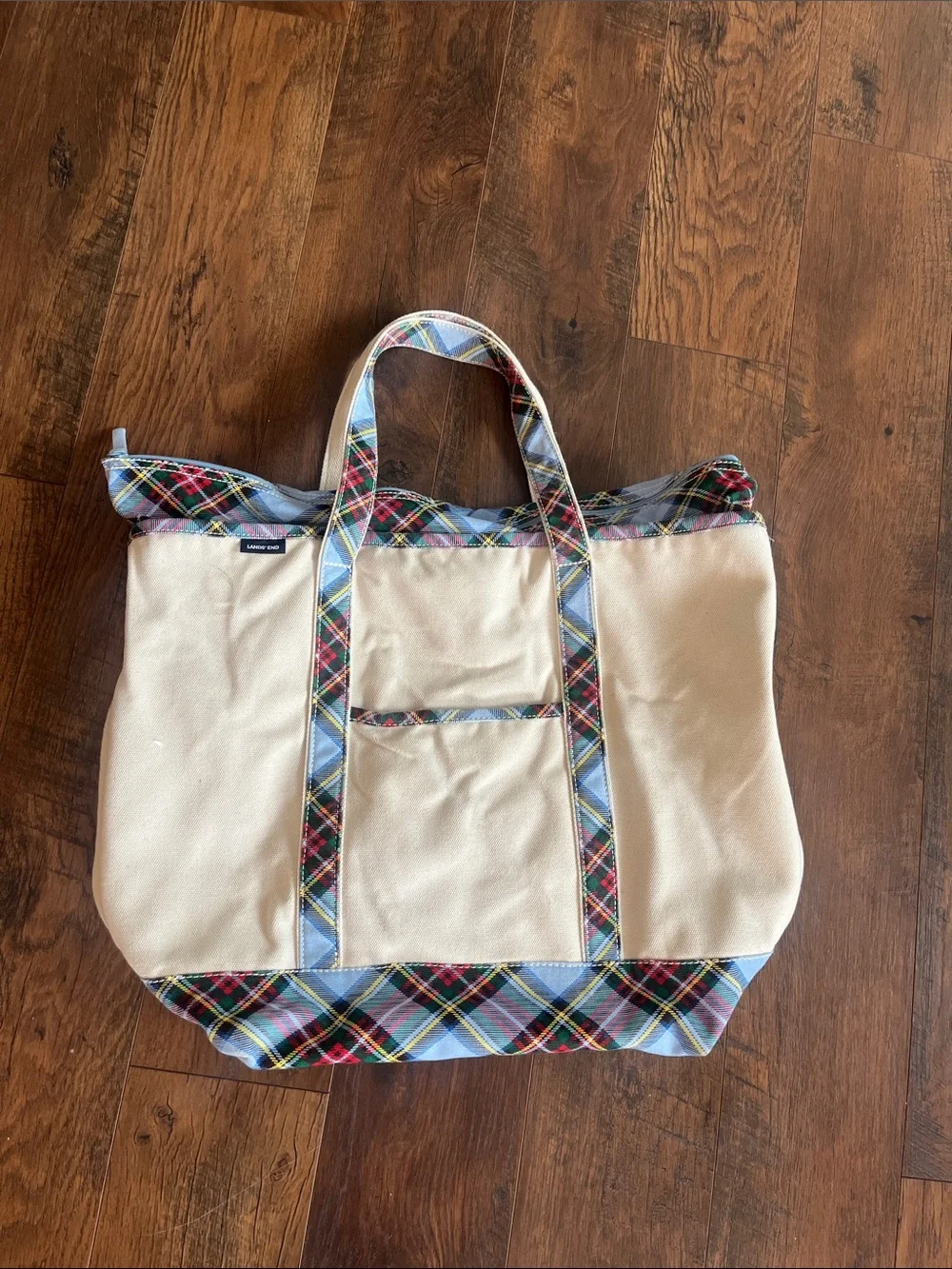 Canvas Tote Bag with Plaid Trim and star- Cream colored